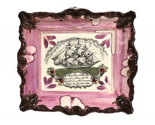 Inventory:  British Pottery, Sunderland Luster Maritime Pottery Plaque, "May Peace and Plenty on our Nation Smite....", 1855-65, SOLD &bull;