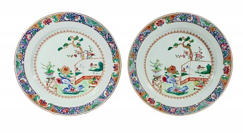 Inventory:  Chinese Export Porcelain, 18th-century Chinese Export Porcelain Famille Rose &acirc;Garden&acirc; Dishes, 1740-60, $3,750
