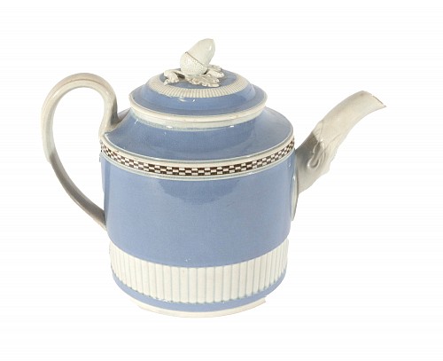 Inventory:  Pearlware, 18th-century Pearlware Light Blue Slip Teapot, English, probably Staffordshire or Yorkshire, 1790, $2,500