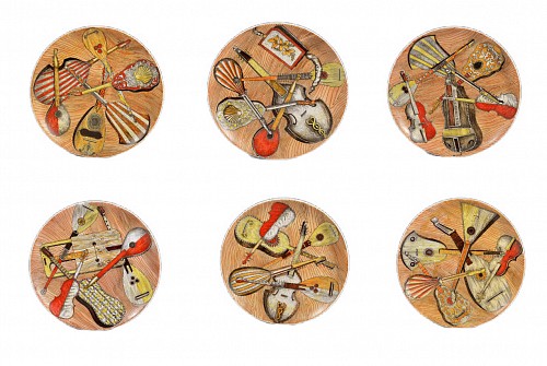 Inventory:  Piero Fornasetti, Piero Fornasetti Porcelain Plates, Strumenti Musicali Pattern, Set of Six, Milan
Circa 1955&acirc;1965, 1950s-1960s, $3,000