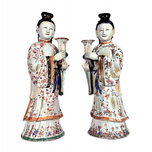 Inventory:  Chinese Export Porcelain, 18th.Century Chinese Export Porcelain Pair of Court Maiden Candlesticks, 1760-75, $12,500