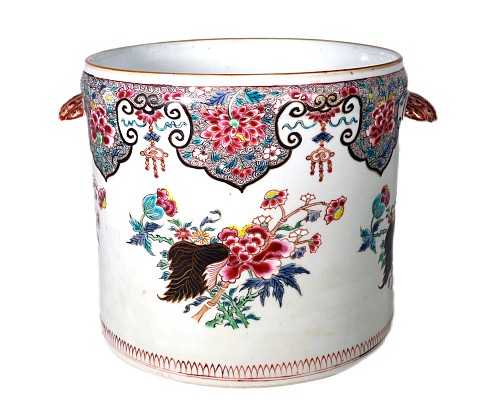 Inventory:  Chinese Export Porcelain, Chinese Export Porcelain Very Large Famille Rose Cache Pot or Wine Cooler, 1750-60, $10,000