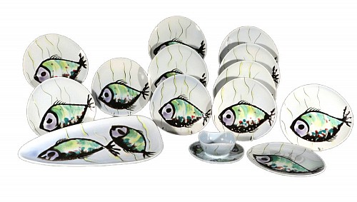 French Pottery Quimper Vintage French Faience Service Decorated with Fish- Fourteen Pieces, 1960 $1,750