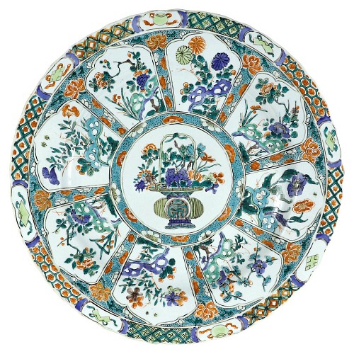 Inventory:  Chinese Export Porcelain, Chinese Porcelain Famille Verte Large "Flower Basket" Dish, Kangxi Period, 1700-10, $7,500