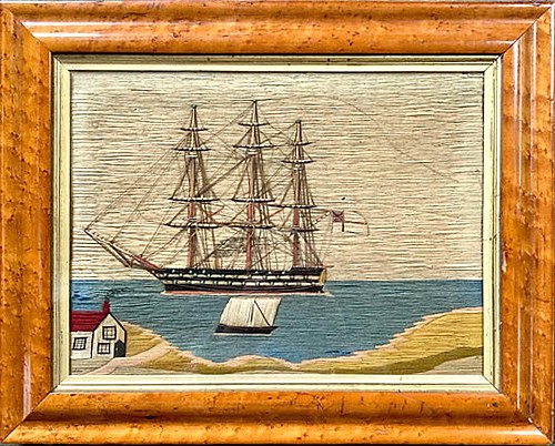 Sailor's Woolwork British Sailor's Woolwork of Royal Navy Ship in Bay with House, 1875 SOLD &bull;