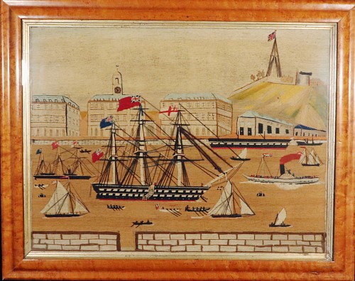 Sailor's Woolwork English Sailor's Woolwork Large Picture of Fifteen Ships in Chatham on The River Medway, 1875 SOLD &bull;