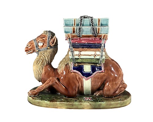 Inventory:  St Amond Majolica, French St. Amand Majolica Camel-form Lidded Box, 1870, $6,500