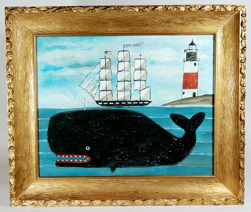 Inventory: Melinda Kirkpatrick, Folk Art Painting of Whale and Ship Flying Nantucket Flag, Melinda Kirkpatrick, SOLD &bull;