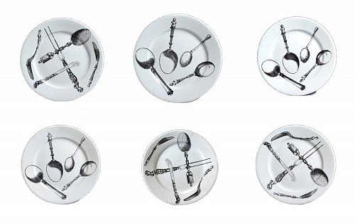 Piero Fornasetti Vintage Piero Fornasetti Pottery Plates with Black and White Renaissance Spoons and Knifes and Forks, 1950s SOLD &bull;