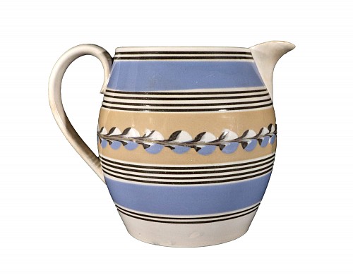 Mocha English Mocha Pottery Blue & Yellow Slip Jug with Cat's Eye Decoration, Early 19th Century SOLD &bull;