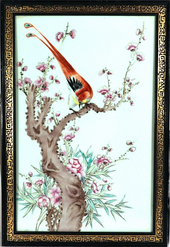 Inventory:  Chinese Porcelain, Chinese Porcelain Framed Famille Rose Plaque of Golden Pheasant on a Flowering Tree Branch, 20th Century, $3,000