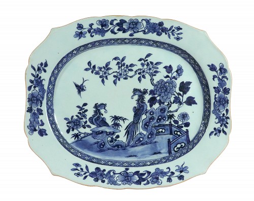 Inventory:  Chinese Export Porcelain, Chinese Export Porcelain Underglaze Blue and White Shaped Dish with Birds and Peony, 1765, $950
