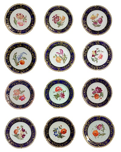 British Porcelain Coalport Porcelain Botanical Dessert Plates, Set of Twelve, John Rose, 1820 $8,500
