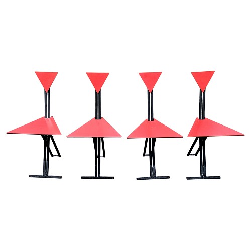Inventory:  Mid-century Modern, Postmodern Folding Chairs with Triangular Red Seats, Set of Four, Circa 1985, 1985, $2,500