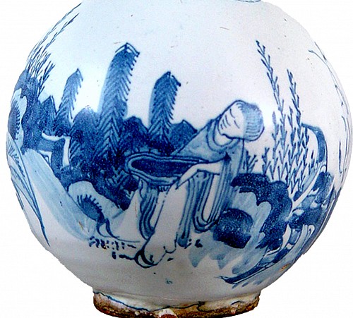 German Faience 17th-century Frankfurt German Faience Blue & White Chinoiserie Bottle Vase, Circa 1680-90 $950