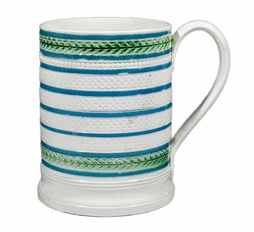 Inventory:  Creamware Pottery, English Creamware Engine-Turned and Blue Slip-Banded Mug, Circa 1810-20, $1,250
