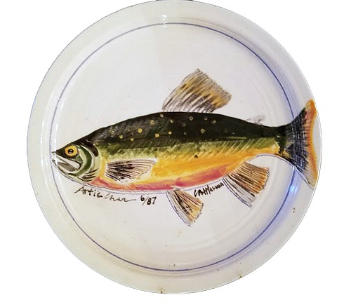 Carole Moses Harman Carole Moses Harman Hand-Painted Pottery Dish, Arctic Char, Dated 1987, American, dated June 1987, Dated 1987 $500
