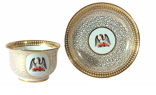 Inventory:  Chamberlain's Worcester, Chamberlain&acirc;s Worcester Porcelain Breakfast Cup and Saucer,  Gilt Vermicelli Pattern 440, with Phoenix Crest, 1815, $500