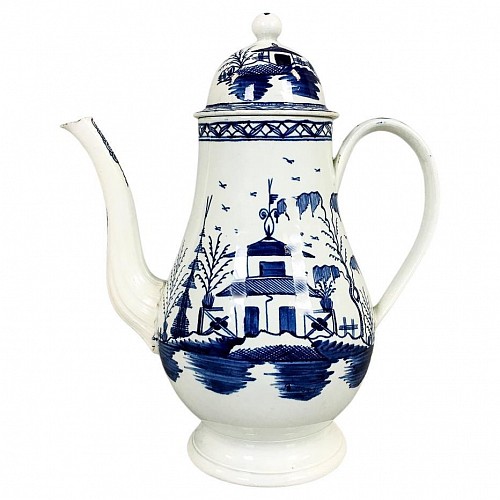 Inventory:  Pearlware, 18th-century Blue & White Pearlware Chinoiserie Coffee Pot & Cover, Circa 1785, $750