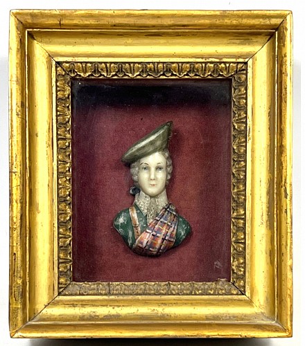 Inventory:  Portrait Miniature, Framed Wax Portrait of Young Officer in Scottish Highland Military Uniform, $1,250