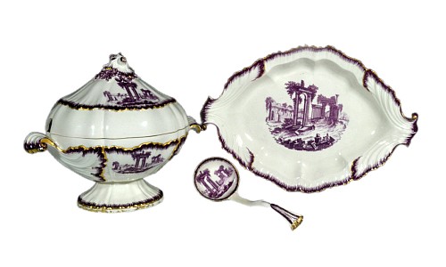 Creamware Pottery Neale & Co. Creamware Sauce Tureen, Cover, Stand and Ladle, Puce Classical Ruins, Circa 1780-85 $1,800