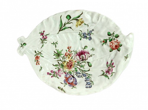 Inventory:  British Porcelain, 1st Period Worcester Porcelain Botanical Molded Cabbage Leaf Dish With Painted Flowers, Circa 1755-58, $2,500
