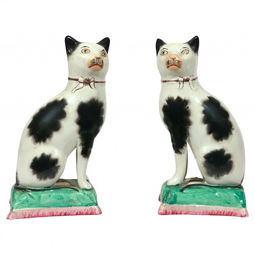 Staffordshire Pair of Staffordshire Pottery Seated Cats on Cushions, 1850-70 $1,250
