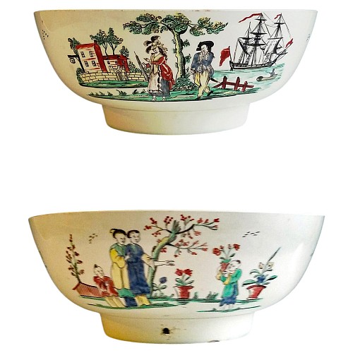 Inventory:  Creamware Pottery, Creamware Punch Bowl, Sailor Jack on a Cruise after the 1780 Print, Chinoiserie Reverse, England, Staffordshire or Yorkshire, 1780-90, $2,500