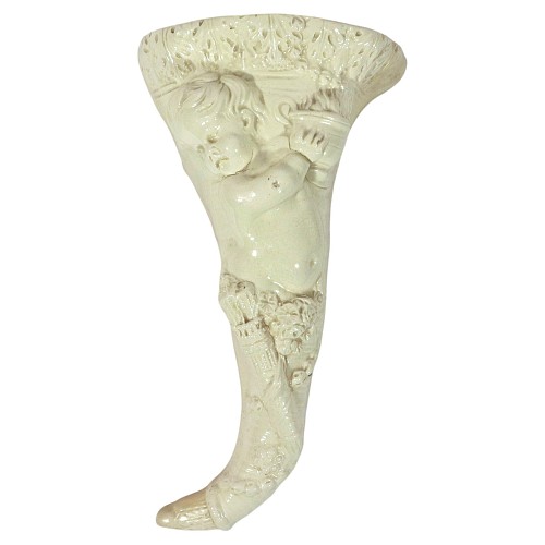 Inventory:  Creamware Pottery, English Creamware Cornucopia Wall Pocket Molded with a Cherub Emblematic of Autumn, 1790, $985