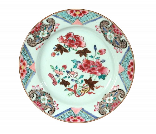 Inventory:  Chinese Export Porcelain, Chinese Export Porcelain Famille Rose Plate with Ribbon-Tied Peony Bouquet, Early Qianlong, 1736-50, $600
