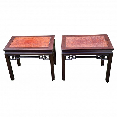 J.L. George & Co. Hong Kong Chinese Padauk and Burl Panel Side Tables, Pair, Labeled J.L. George & Co., Hong Kong, 1950-70 $2,500