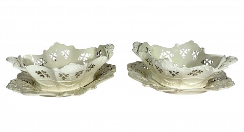 Inventory:  Creamware Pottery, English Creamware Rococo Fruit Baskets and Stands, Pair, Pierced and Shell-Molded, Staffordshire or Yorkshire, 1765-75, $4,500