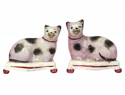 Staffordshire Pair of Staffordshire Pottery Seated Cats on Cushions, 1820-40 $850
