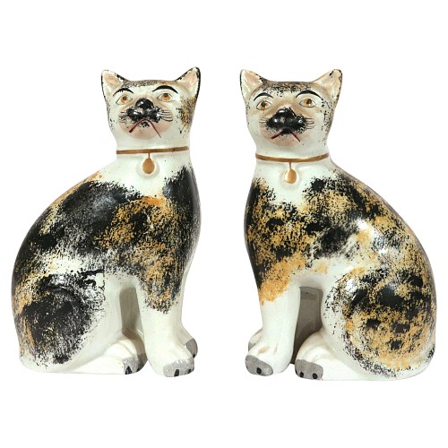 Inventory:  Staffordshire, Pair of Staffordshire Pottery Seated Calico Cats, 1850-70, $1,250