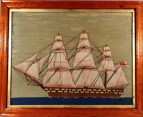 Sailor's Woolwork British Sailor's Woolwork depicting a Portside View of a Royal Navy Ship With Trapunto Sails, 1865-75 $4,250