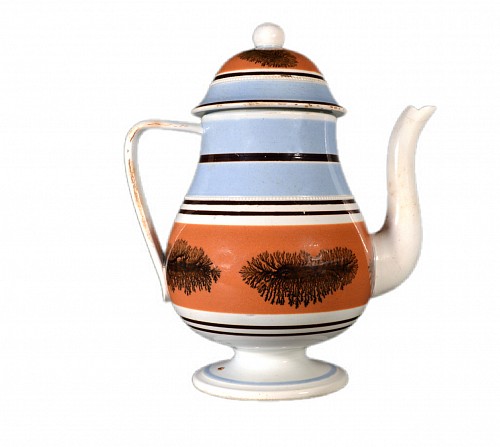 Inventory:  Mocha, Mocha Seaweed Pottery Pearlware Slip Decorated Coffeepot, 1820, $2,000