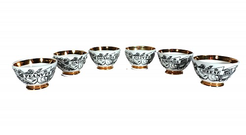 Piero Fornasetti Piero Fornasetti Ceramic Appetizer Bowls, Set of Six with Musical Instruments and Gilt Interiors, 1960s $1,000