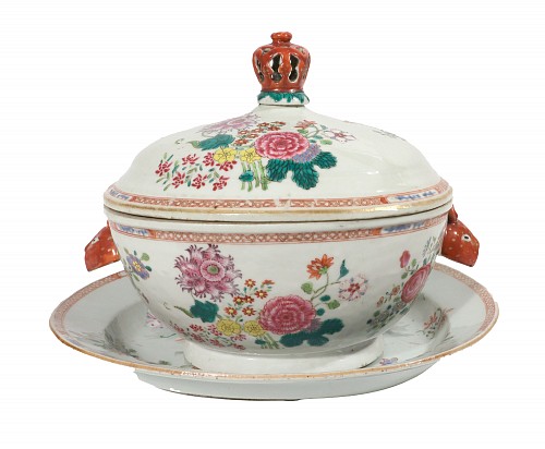 Inventory:  Chinese Export Porcelain, Chinese Export Porcelain Famille Rose Soup Tureen, Cover & Stand, 1765, $4,500