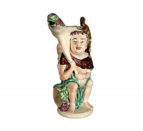 British Pottery Staffordshire Prattware Pearlware Bacchus and Pan Jug, Wood Family Model, 1800 $1,850