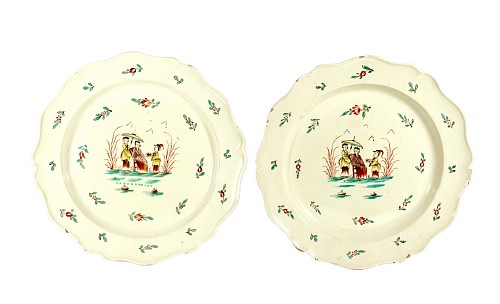 Inventory:  Creamware Pottery, English Creamware Large Shaped Chinoiserie Dishes, A Pair, 1775-85, $3,750