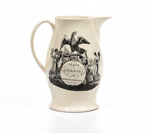 Inventory:  Creamware Pottery, American-Market Peace, Plenty and Independence Liverpool Transfer Decorated Creamware Jug, 1800, $4,000