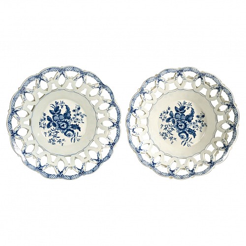 First Period Worcester Porcelain First Period Worcester Porcelain Large Pair of Openwork Fruit Baskets with Pine Cone Pattern, 1770-75 $2,500