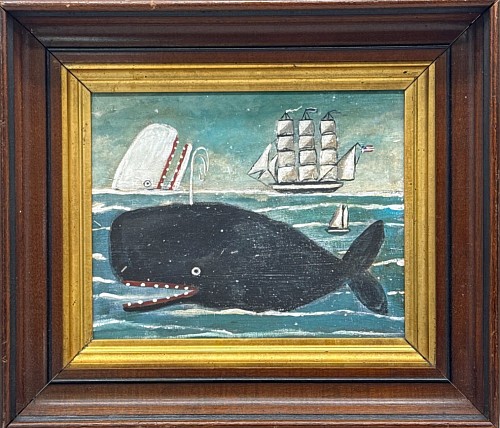 Inventory: Melinda Kirkpatrick, Melinda Kirkpatrick Folk Art Painting of a Sperm Whale, White Whale and Ship, $4,500