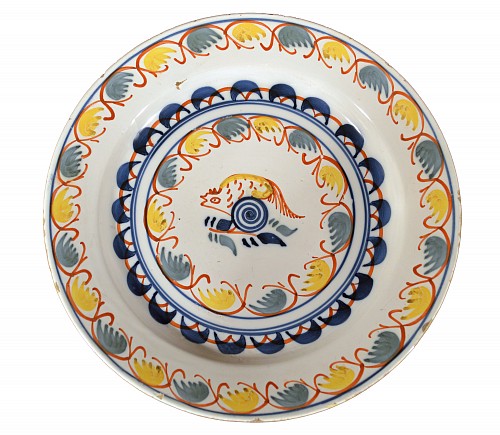 British Delftware English Delftware Dish decorated with a Cockerel, Probably London, Circa 1730 $1,500
