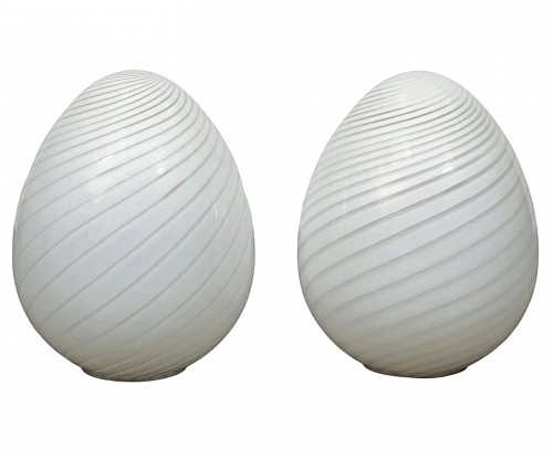 Inventory:  Mid-century Modern, Murano Glass Egg Lamps, Pair of Large White Swirl Opaline Lamps, Italian, 1975-85, $3,900