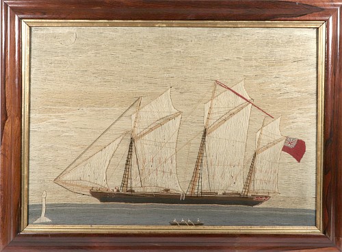 Inventory:  Sailor's Woolwork, British Sailor's Woolwork of a Three-Masted Ship Under Full Sail, 1875-85, $4,500