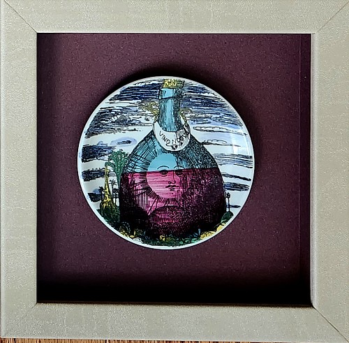 Inventory:  Piero Fornasetti, Piero Fornasetti "12 Mesi, 12 Soli" Porcelain Coaster, November, Sun in a Wine Bottle, Framed, Early 1960s, $650