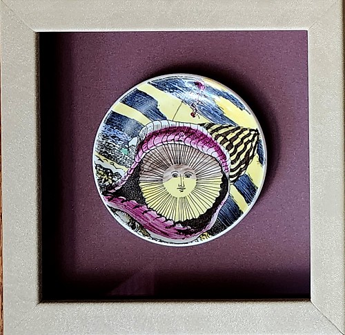 Inventory:  Piero Fornasetti, Piero Fornasetti "12 Mesi, 12 Soli" Porcelain Coaster, August, Sun in a Seashell, Framed, Early 1960-1965, $650