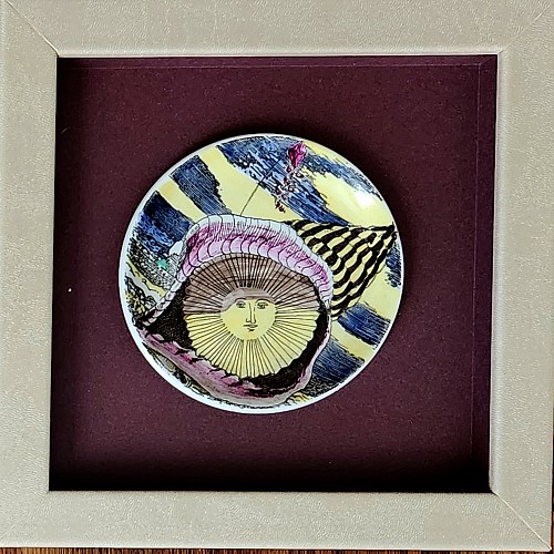 Piero Fornasetti Piero Fornasetti "12 Mesi, 12 Soli" Porcelain Coaster, August, Sun in a Seashell, Framed, 1960-65 $650