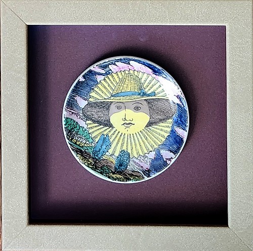 Inventory:  Piero Fornasetti, Piero Fornasetti "12 Mesi, 12 Soli" Porcelain Coaster, June, Sun in a Straw Hat, Framed, Early 1960s, $650